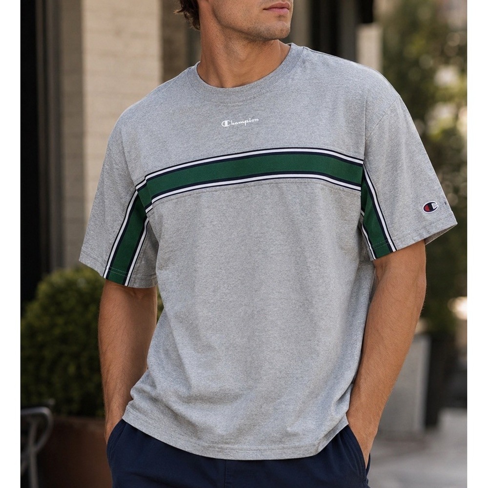Champion Homeroom Club Men Small Gray Green Stripe Boxy T-Shirt CPM261TS37002